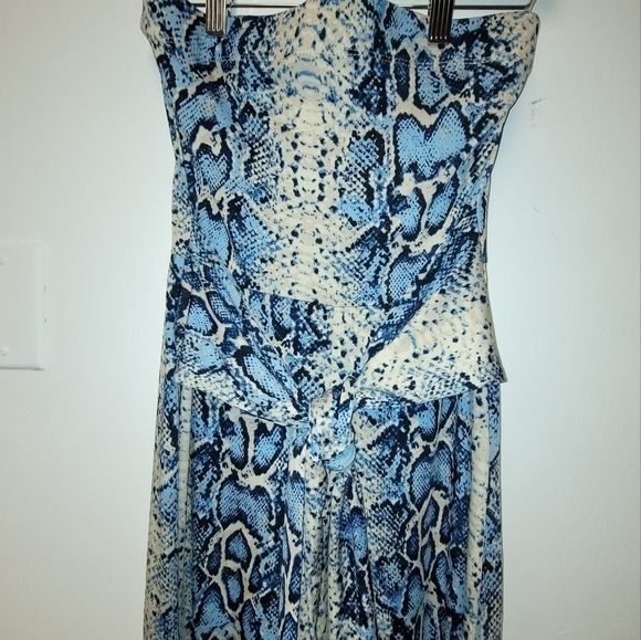 Strapless Jumpsuit In Blue Cream And Black Snake Print Front Tie Size M - Picture 9 of 17